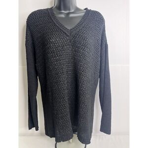Calvin Klein Black Knit Sweater Womens Medium V Neck Pullover Layering Textured‎